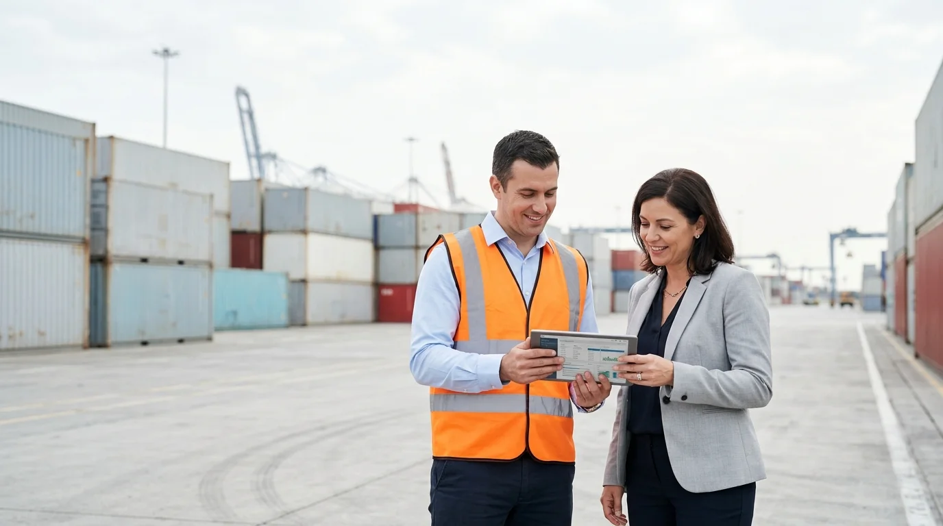 A shipping company coordinator and a business customer going through a shipment on a tablet beside stacked containers at a Dubai terminal