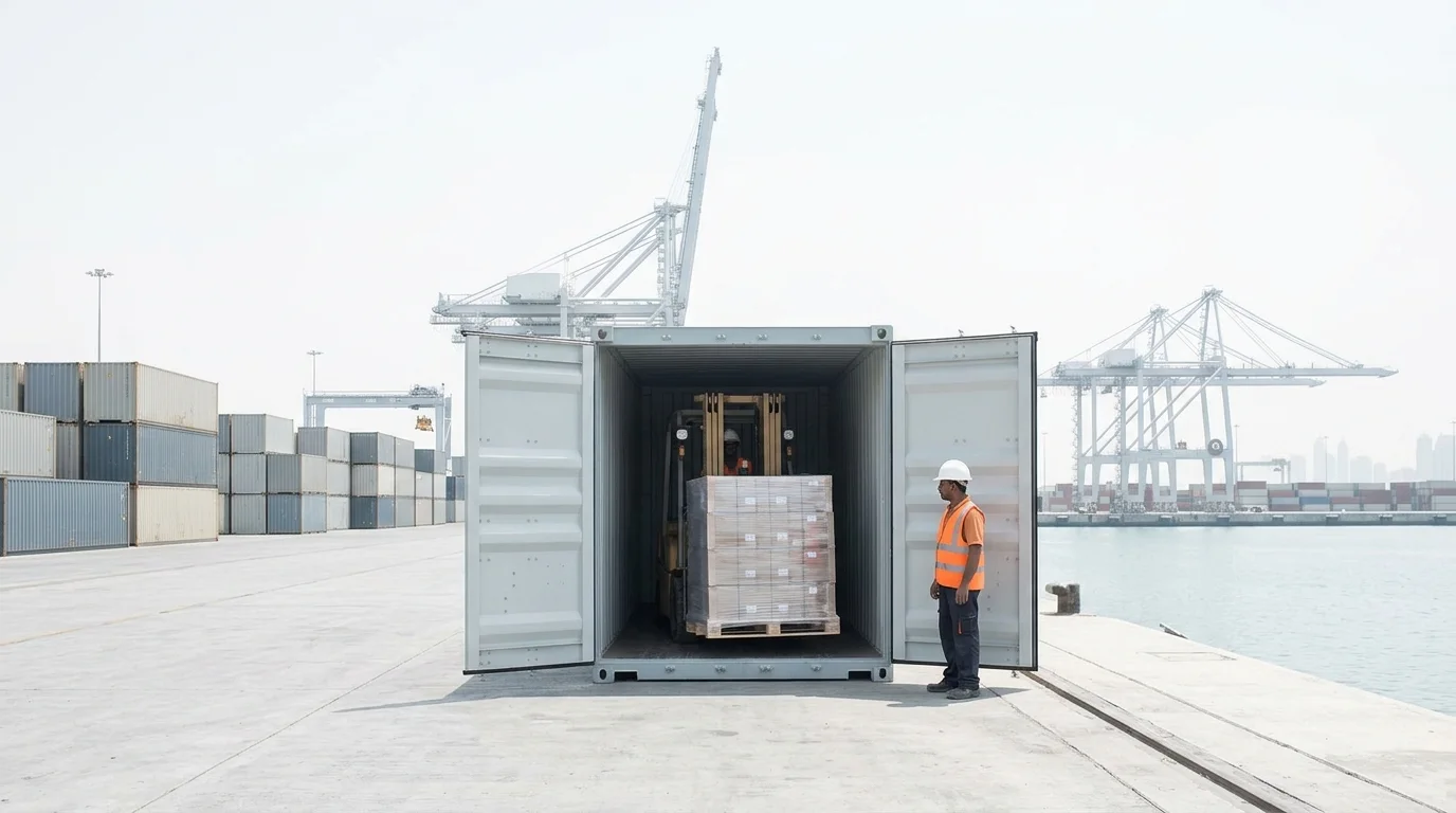 A forty foot container with its doors open being loaded with shrink wrapped pallets by a forklift, watched by a dock worker at a Dubai terminal