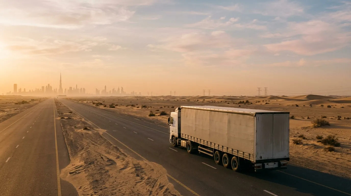 A truck with a curtain-side trailer on a desert highway, with the Dubai skyline on the horizon