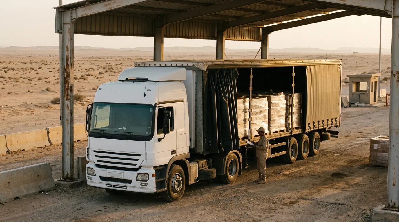 A customs officer checking wrapped pallets against a list beside the open curtain of a truck trailer at a desert border inspection bay