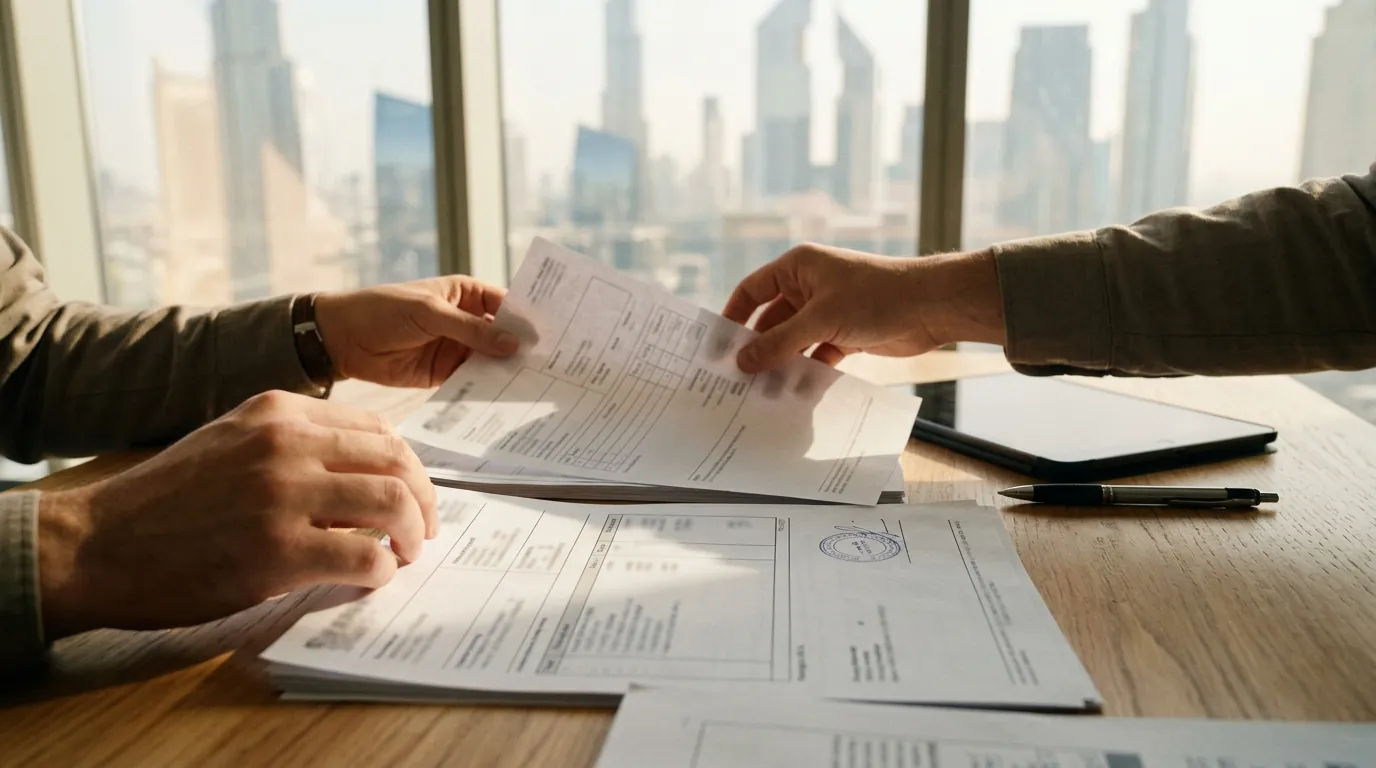 Two people checking a commercial invoice, a packing list and a stamped certificate at a desk before a truck leaves Dubai