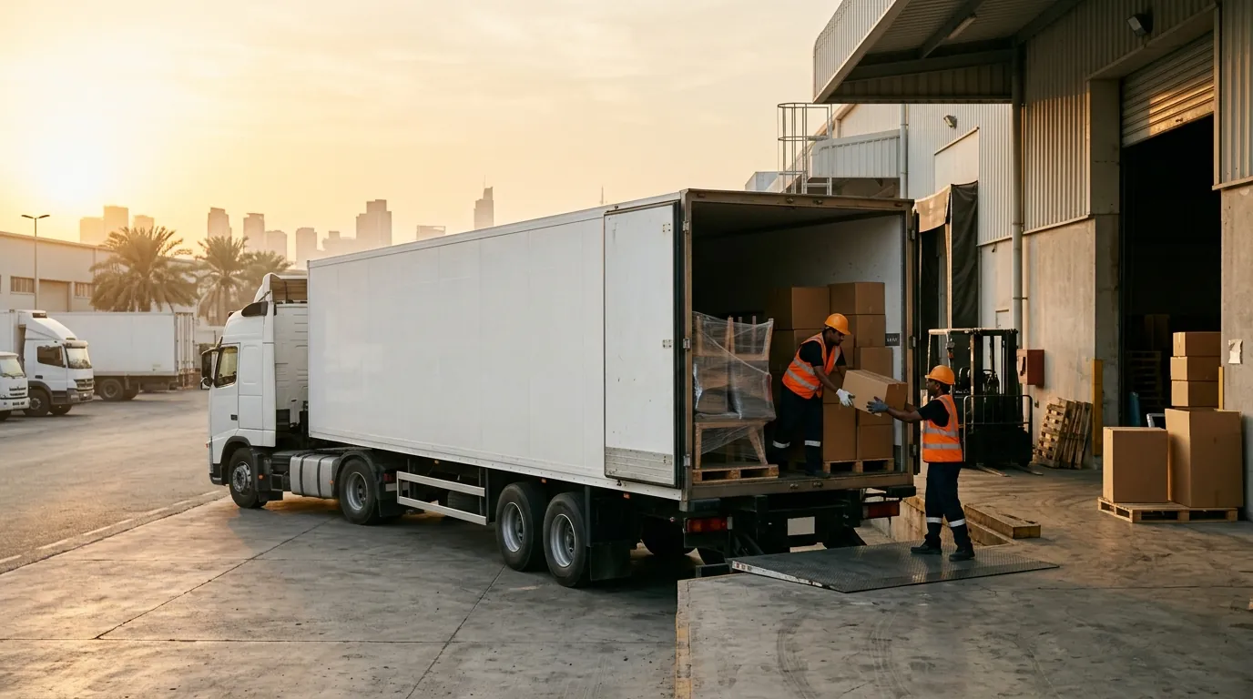 Workers loading boxes and wrapped furniture into a closed box trailer backed onto a warehouse loading dock in Dubai