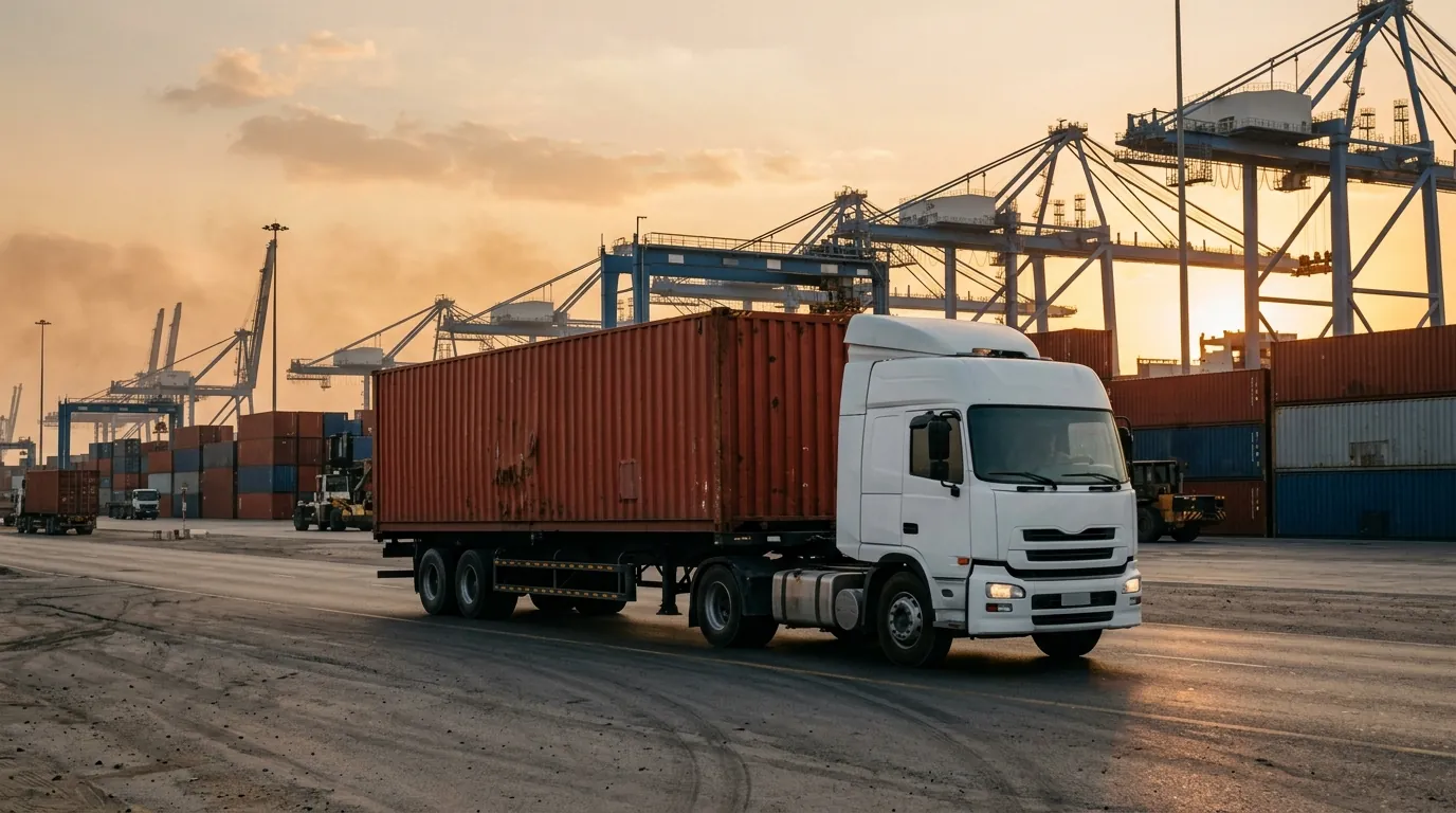 Truck pulling a 40ft container on a skeleton container chassis past the gantry cranes of a container port in Dubai