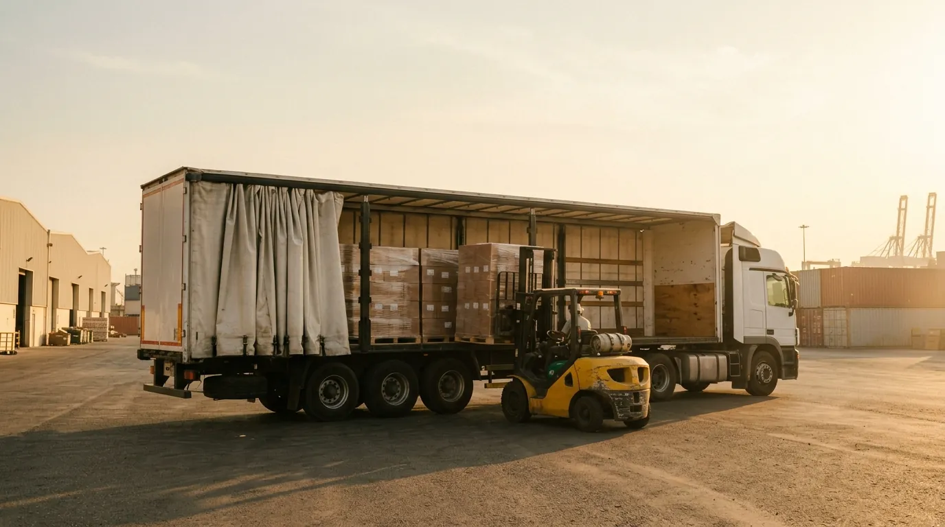 Forklift loading shrink-wrapped pallets of cartons through the open curtain of a curtain-side trailer at a warehouse yard in Dubai