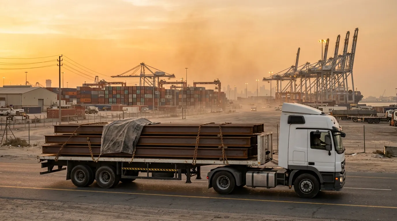 Flatbed trailer loaded with steel beams, chained down and partly covered by a tarpaulin, driving past the container cranes of a Dubai port at sunset