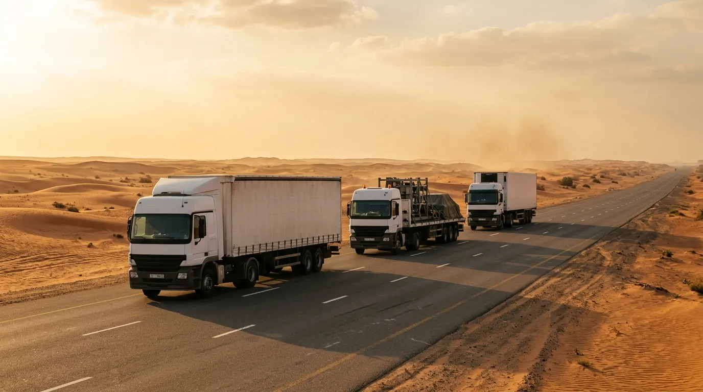 A curtain-side, a flatbed and a reefer truck in convoy on a desert highway in the UAE on a GCC road freight run