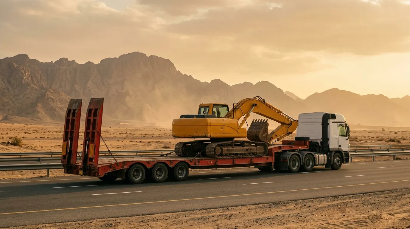 Yellow excavator carried on a red lowbed trailer with its loading ramps raised, on a desert highway in the UAE with mountains behind