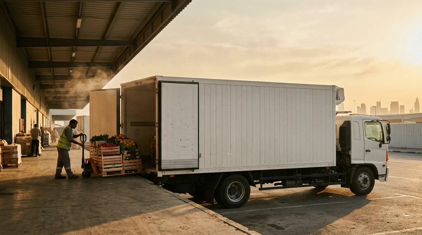 Worker wheeling crates of fresh fruit and vegetables into a refrigerated reefer truck at a cold store loading dock in Dubai