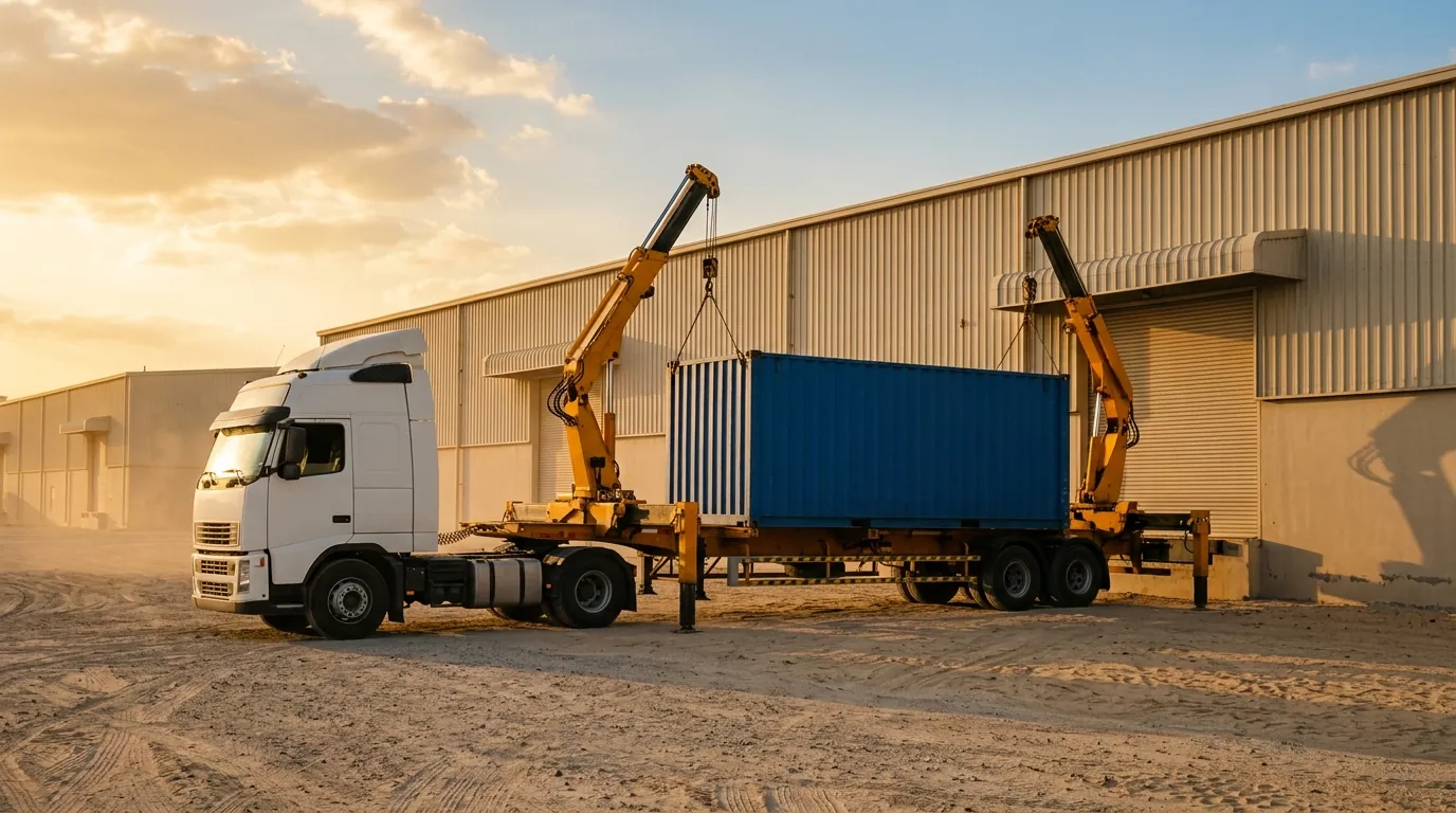 Side loader trailer using its two hydraulic cranes to lift a 20ft container beside a warehouse in Dubai