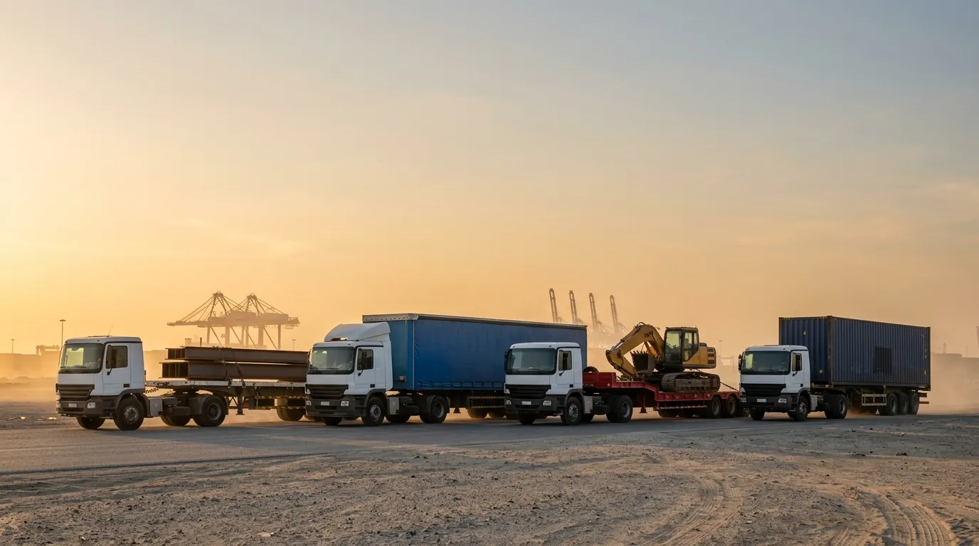 Four trucks leaving a port yard in the UAE: a flatbed with steel beams, a curtain-side, a lowbed carrying an excavator and a container chassis
