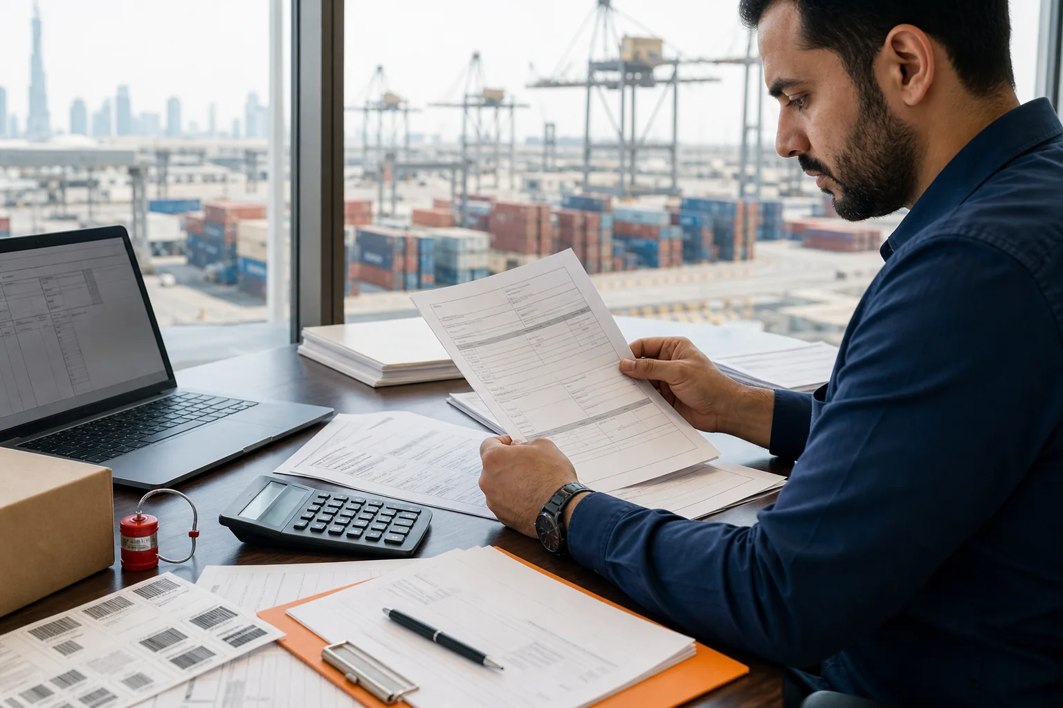 Freight specialist reviewing export shipping documents in Dubai
