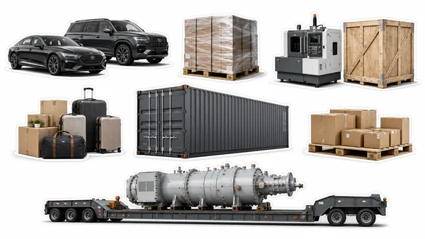 Cars, palletized commercial goods, machinery, personal effects, a shipping container and oversized equipment prepared for international freight
