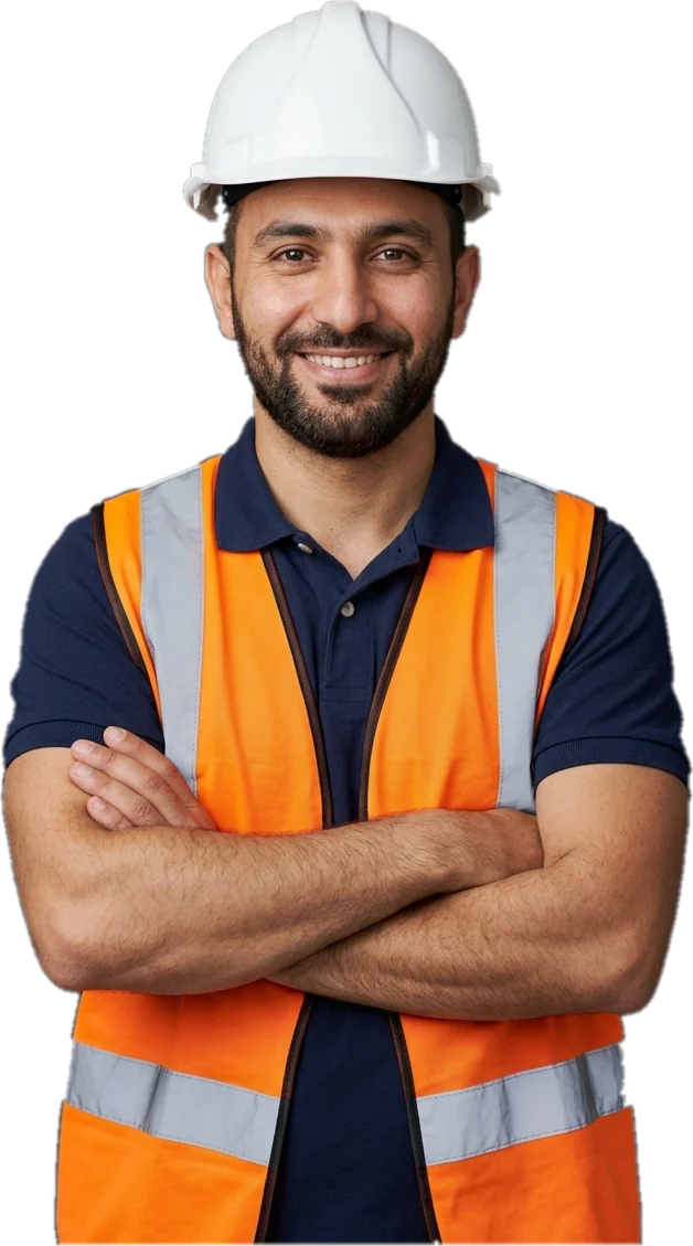 A Navo Shipping coordinator in a hard hat and hi-vis vest