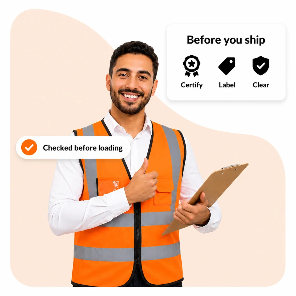 A Navo Shipping coordinator with a clipboard: certify, label and clear, settled before a shipment loads