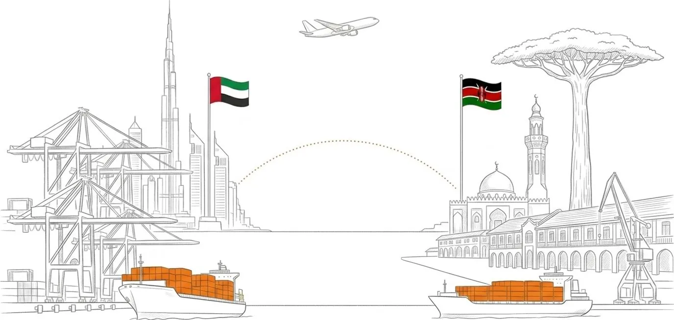A line drawing of the Dubai to East Africa shipping lane: gantry cranes and the Burj Khalifa above a container ship loaded with orange containers, joined by a dotted route across the frame to an acacia tree and Mount Kilimanjaro, port cranes at Mombasa and a second loaded container ship, with a cargo aircraft above