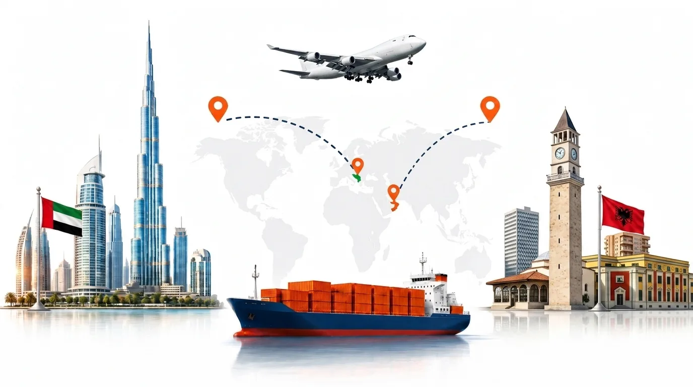 A wide pencil-style drawing of the Dubai to Albania shipping lane: on the left the Dubai skyline with the Burj Khalifa and the UAE flag, on the right the Skanderbeg Square clock tower in Tirana and the Albanian flag, joined by a dotted route across a pale world map with a container ship below and an aircraft above