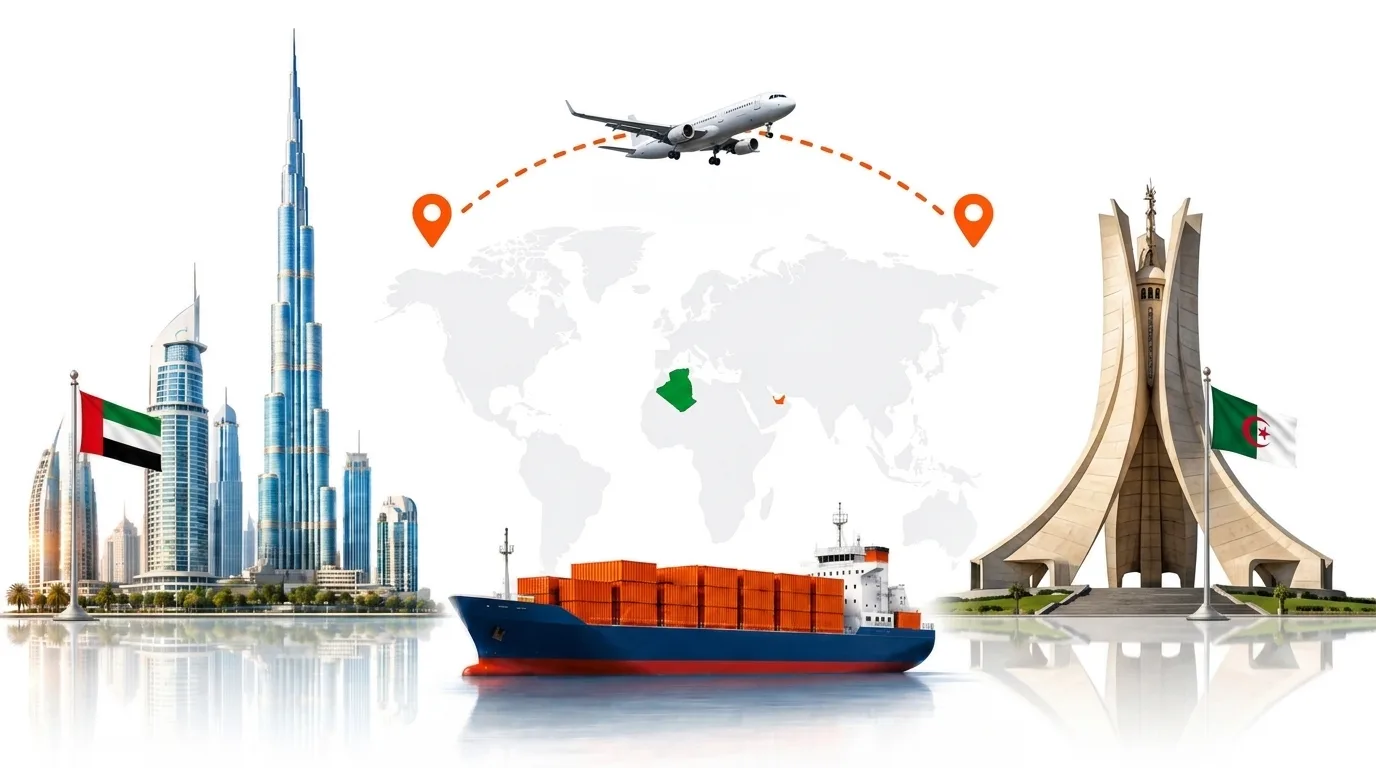 A wide pencil-style drawing of the Dubai to Algeria shipping lane: on the left the Dubai skyline with the Burj Khalifa and the UAE flag, on the right an Algeria landmark and the national flag, joined by a dotted route across a pale world map with a container ship below and an aircraft above