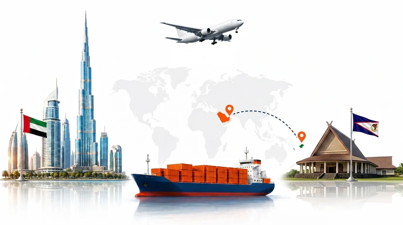 A wide pencil-style drawing of the Dubai to American Samoa shipping lane: on the left the Dubai skyline with the Burj Khalifa and the UAE flag, on the right the steep green harbour of Pago Pago with the American Samoa flag, joined by a dotted route across a pale world map with a container ship below and an aircraft above