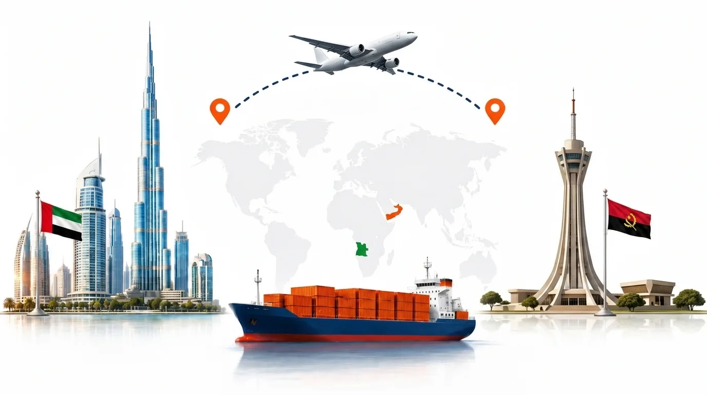 A wide pencil-style drawing of the Dubai to Angola shipping lane: on the left the Dubai skyline with the Burj Khalifa and the UAE flag, on the right an Angola landmark and the national flag, joined by a dotted route across a pale world map with a container ship below and an aircraft above