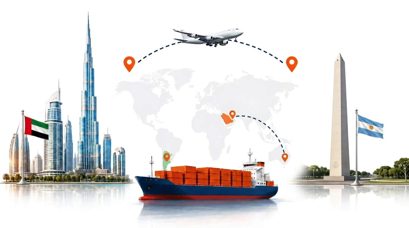 A wide pencil-style drawing of the Dubai to Argentina shipping lane: on the left the Dubai skyline with the Burj Khalifa and the UAE flag, on the right the Obelisco in Buenos Aires and the Argentine flag, joined by a dotted route across a pale world map with a container ship below and an aircraft above