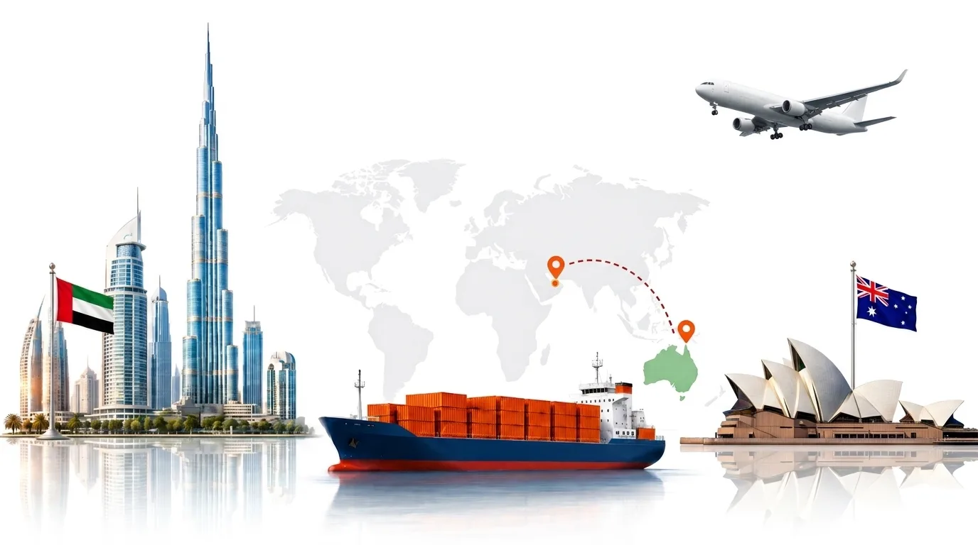 A wide pencil-style drawing of the Dubai to Australia shipping lane: on the left the Dubai skyline with the Burj Khalifa and the UAE flag, on the right the Sydney Opera House and Harbour Bridge with the Australian flag, joined by a dotted route across a pale world map with a container ship below and an aircraft above