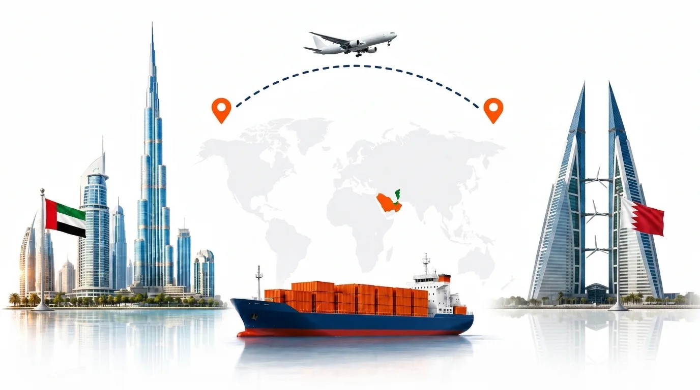 A wide pencil-style drawing of the Dubai to Bahrain shipping lane: on the left a globe traced with dotted flight paths, an airliner, a container ship loaded with orange containers and the Dubai skyline behind the UAE flag; on the right the outline of Bahrain with its national flag, a landmark, quayside cranes and a second vessel, the two joined by a dotted route across the frame