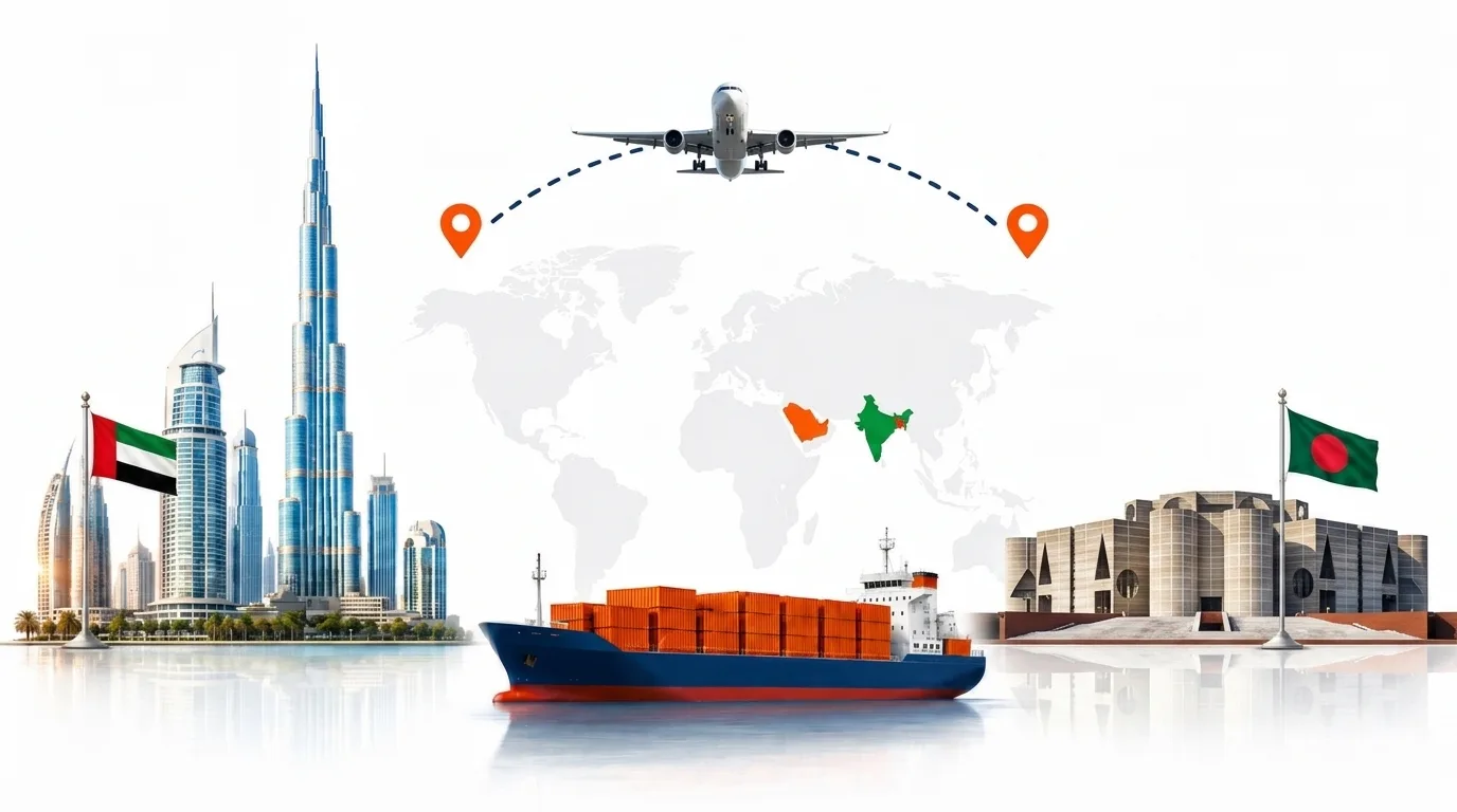 A wide pencil-style drawing of the Dubai to Bangladesh shipping lane: on the left a globe traced with dotted flight paths, an airliner, a container ship loaded with orange containers and the Dubai skyline behind the UAE flag; on the right the outline of Bangladesh with its national flag, a landmark, quayside cranes and a second vessel, the two joined by a dotted route across the frame
