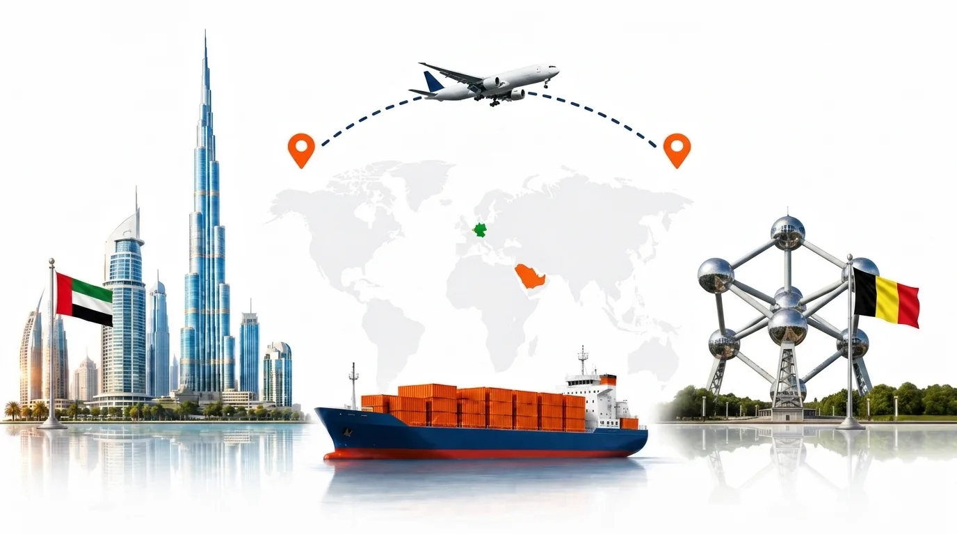 A wide pencil-style drawing of the Dubai to Belgium shipping lane: on the left a globe traced with dotted flight paths, an airliner, a container ship loaded with orange containers and the Dubai skyline behind the UAE flag; on the right the outline of Belgium with its national flag, a landmark, quayside cranes and a second vessel, the two joined by a dotted route across the frame