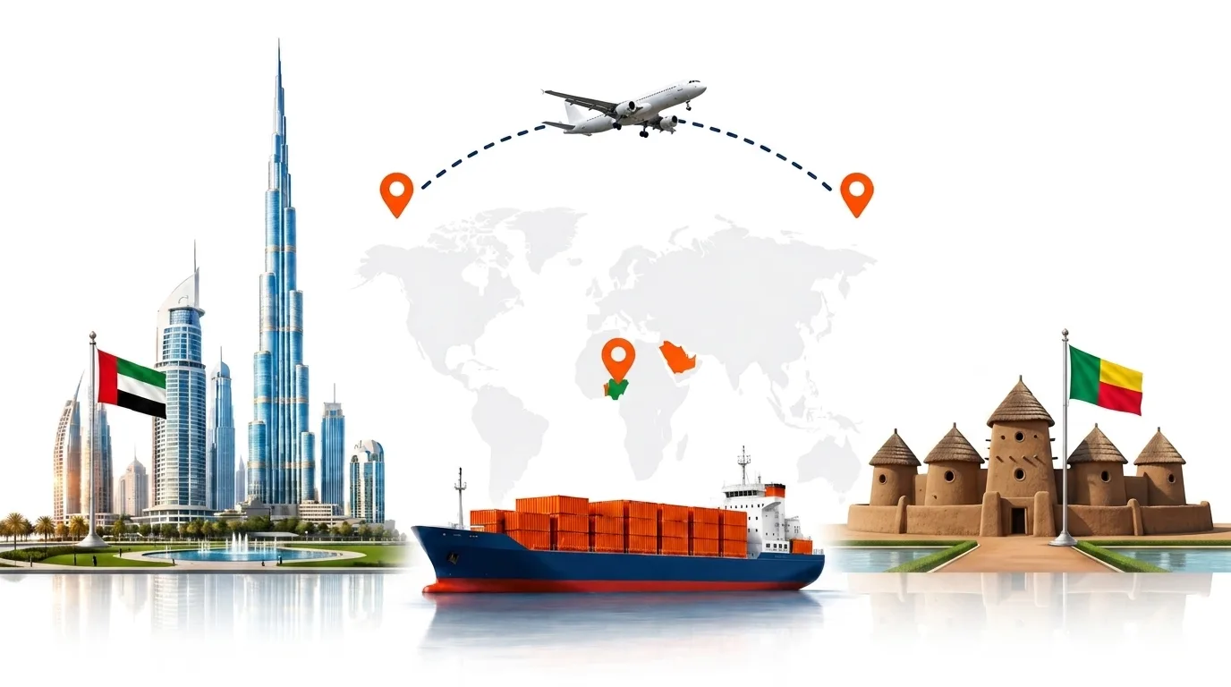 A wide pencil-style drawing of the Dubai to Benin shipping lane: on the left the Dubai skyline with the Burj Khalifa and the UAE flag, on the right a Benin landmark and the national flag, joined by a dotted route across a pale world map with a container ship below and an aircraft above