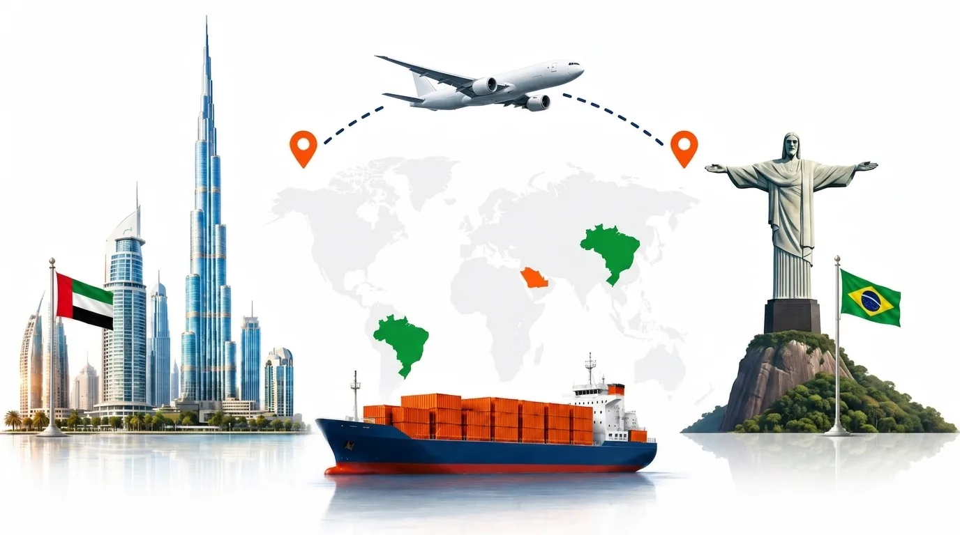 A wide pencil-style drawing of the Dubai to Brazil shipping lane: on the left the Dubai skyline with the Burj Khalifa and the UAE flag, on the right the Christ the Redeemer statue above Rio de Janeiro and the Brazilian flag, joined by a dotted route across a pale world map with a container ship below and an aircraft above