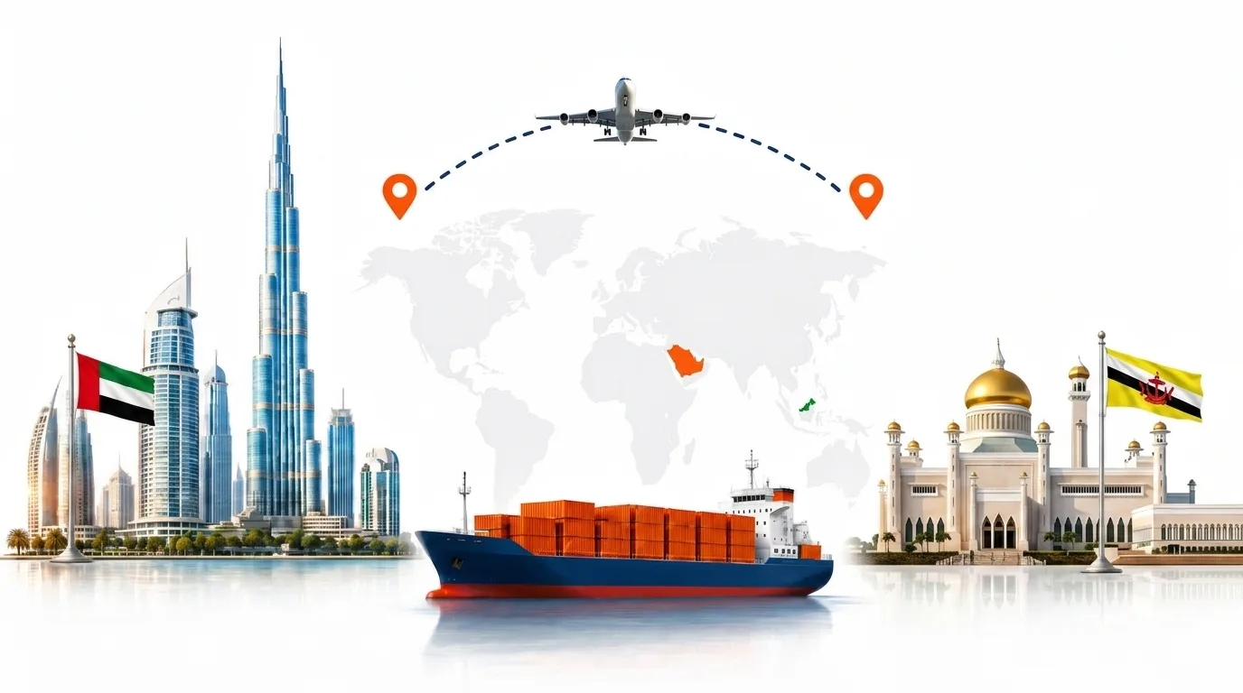 A wide pencil-style drawing of the Dubai to Brunei shipping lane: on the left the Dubai skyline with the Burj Khalifa and the UAE flag, on the right the Omar Ali Saifuddien Mosque in Bandar Seri Begawan and the Brunei flag, joined by a dotted route across a pale world map with a container ship below and an aircraft above