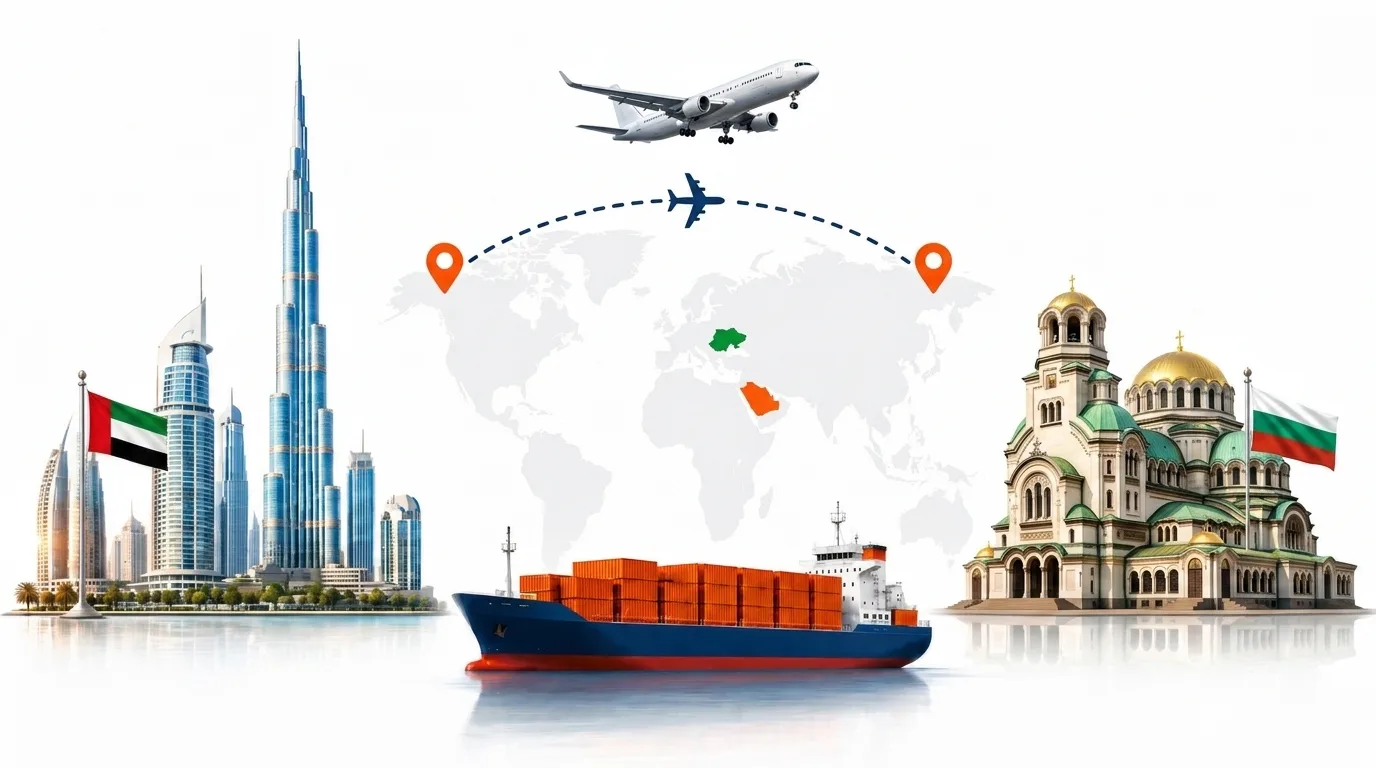 A wide pencil-style drawing of the Dubai to Bulgaria shipping lane: on the left the Dubai skyline with the Burj Khalifa and the UAE flag, on the right the Alexander Nevsky Cathedral in Sofia and the Bulgarian flag, joined by a dotted route across a pale world map with a container ship below and an aircraft above