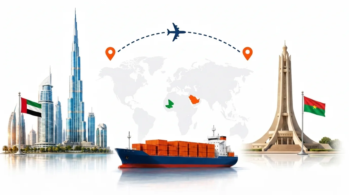 A wide pencil-style drawing of the Dubai to Burkina Faso shipping lane: on the left the Dubai skyline with the Burj Khalifa and the UAE flag, on the right a Burkina Faso landmark and the national flag, joined by a dotted route across a pale world map with a container ship below and an aircraft above