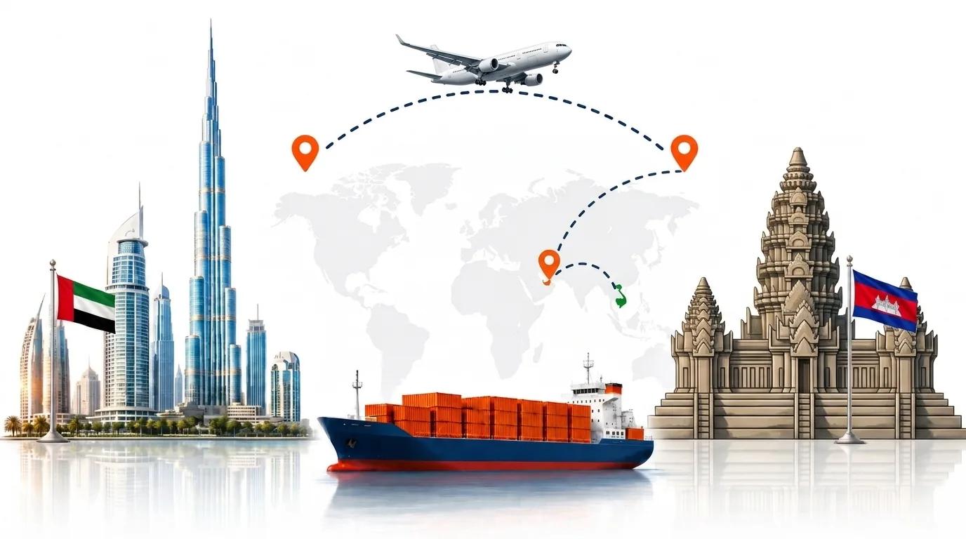 A wide pencil-style drawing of the Dubai to Cambodia shipping lane: on the left the Dubai skyline with the Burj Khalifa and the UAE flag, on the right the towers of Angkor Wat and the Cambodian flag, joined by a dotted route across a pale world map with a container ship below and an aircraft above