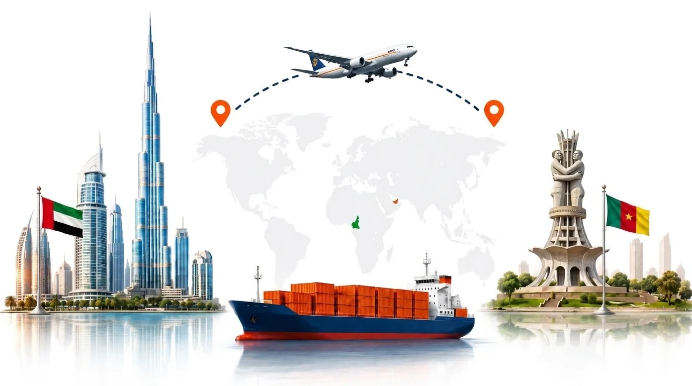 A wide pencil-style drawing of the Dubai to Cameroon shipping lane: on the left the Dubai skyline with the Burj Khalifa and the UAE flag, on the right a Cameroon landmark and the national flag, joined by a dotted route across a pale world map with a container ship below and an aircraft above