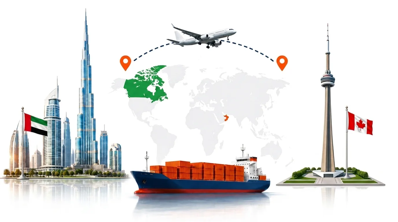 A wide pencil-style drawing of the Dubai to Canada shipping lane: on the left the Dubai skyline with the Burj Khalifa and the UAE flag, on the right the CN Tower above Toronto with maple leaves and the Canadian flag, joined by a dotted route across a pale world map with a container ship below and an aircraft above
