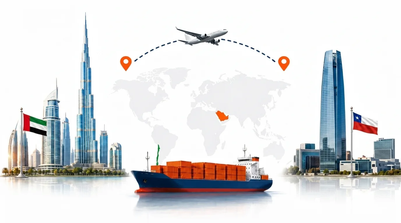 A wide pencil-style drawing of the Dubai to Chile shipping lane: on the left the Dubai skyline with the Burj Khalifa and the UAE flag, on the right the Andes above Santiago and the Chilean flag, joined by a dotted route across a pale world map with a container ship below and an aircraft above
