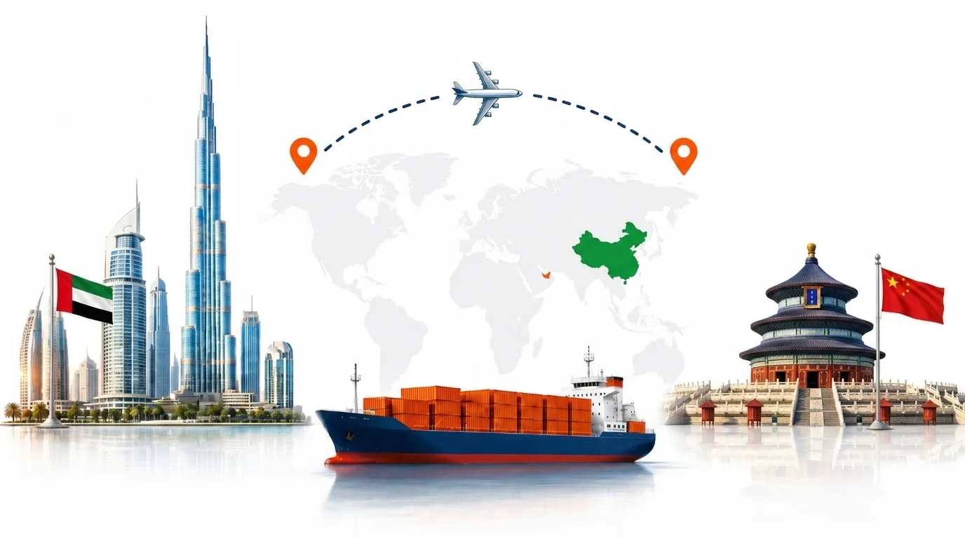 A wide pencil-style drawing of the Dubai to China shipping lane: on the left a globe traced with dotted flight paths, an airliner, a container ship loaded with orange containers and the Dubai skyline behind the UAE flag; on the right the outline of China with its national flag, a landmark, quayside cranes and a second vessel, the two joined by a dotted route across the frame