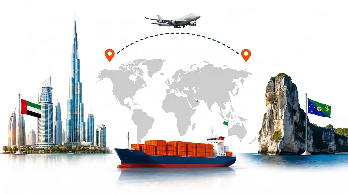 A wide pencil-style drawing of the Dubai to Christmas Island shipping lane: on the left the Dubai skyline with the Burj Khalifa and the UAE flag, on the right the steep green cliffs above Flying Fish Cove with the Christmas Island flag, joined by a dotted route across a pale world map with a container ship below and an aircraft above