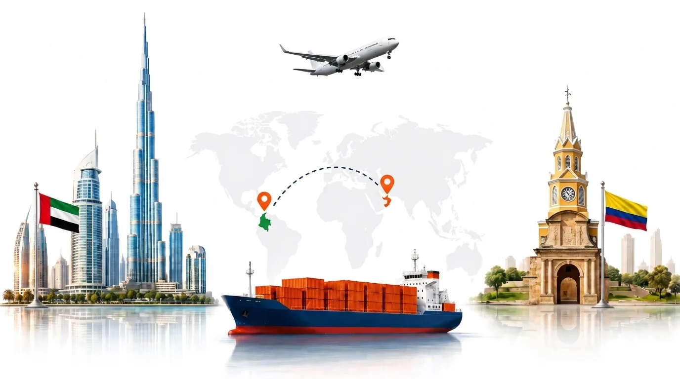 A wide pencil-style drawing of the Dubai to Colombia shipping lane: on the left the Dubai skyline with the Burj Khalifa and the UAE flag, on the right the walled old city of Cartagena and the Colombian flag, joined by a dotted route across a pale world map with a container ship below and an aircraft above