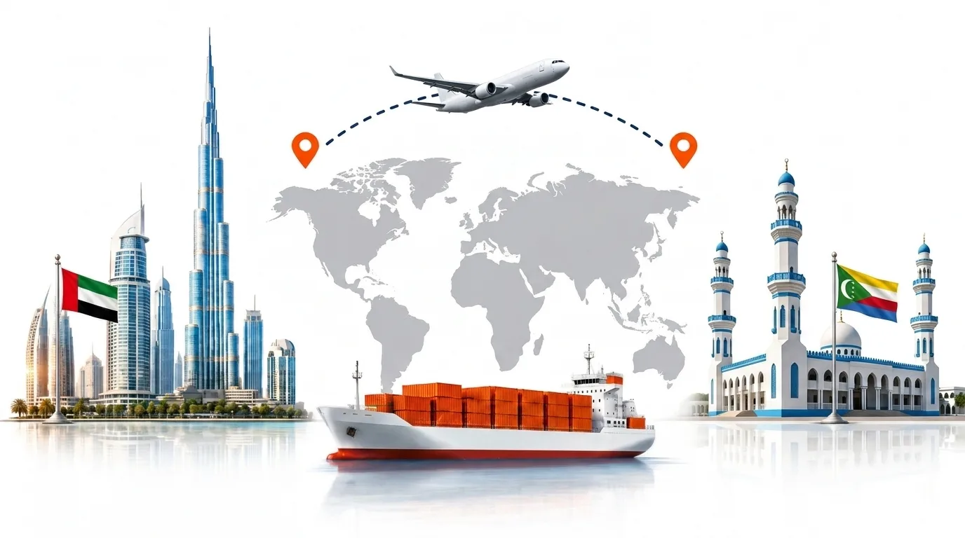 A wide pencil-style drawing of the Dubai to Comoros shipping lane: on the left the Dubai skyline with the Burj Khalifa and the UAE flag, on the right a Comoros landmark and the national flag, joined by a dotted route across a pale world map with a container ship below and an aircraft above