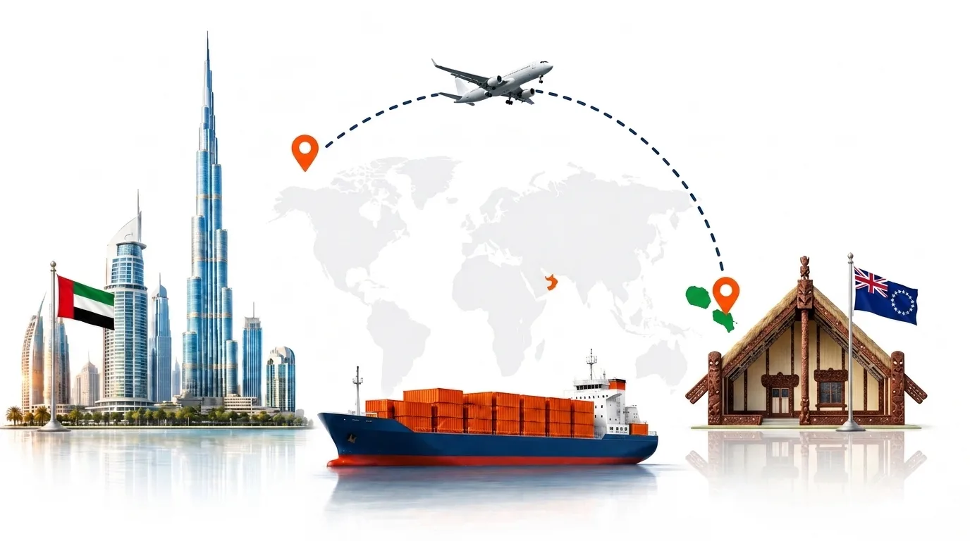 A wide pencil-style drawing of the Dubai to Cook Islands shipping lane: on the left the Dubai skyline with the Burj Khalifa and the UAE flag, on the right the green peaks and reef of Rarotonga with the Cook Islands flag, joined by a dotted route across a pale world map with a container ship below and an aircraft above