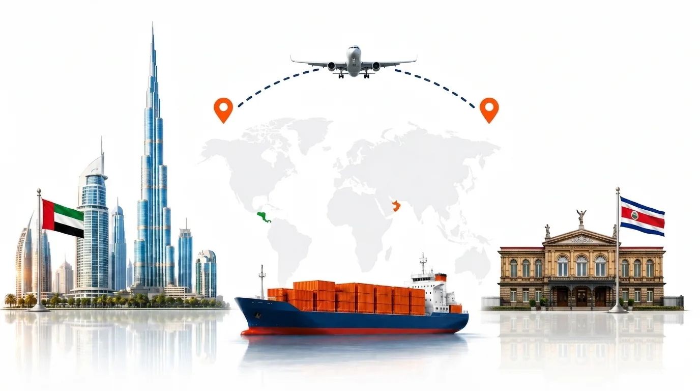 A wide pencil-style drawing of the Dubai to Costa Rica shipping lane: on the left the Dubai skyline with the Burj Khalifa and the UAE flag, on the right a Costa Rican volcano above rainforest with the Costa Rican flag, joined by a dotted route across a pale world map with a container ship below and an aircraft above