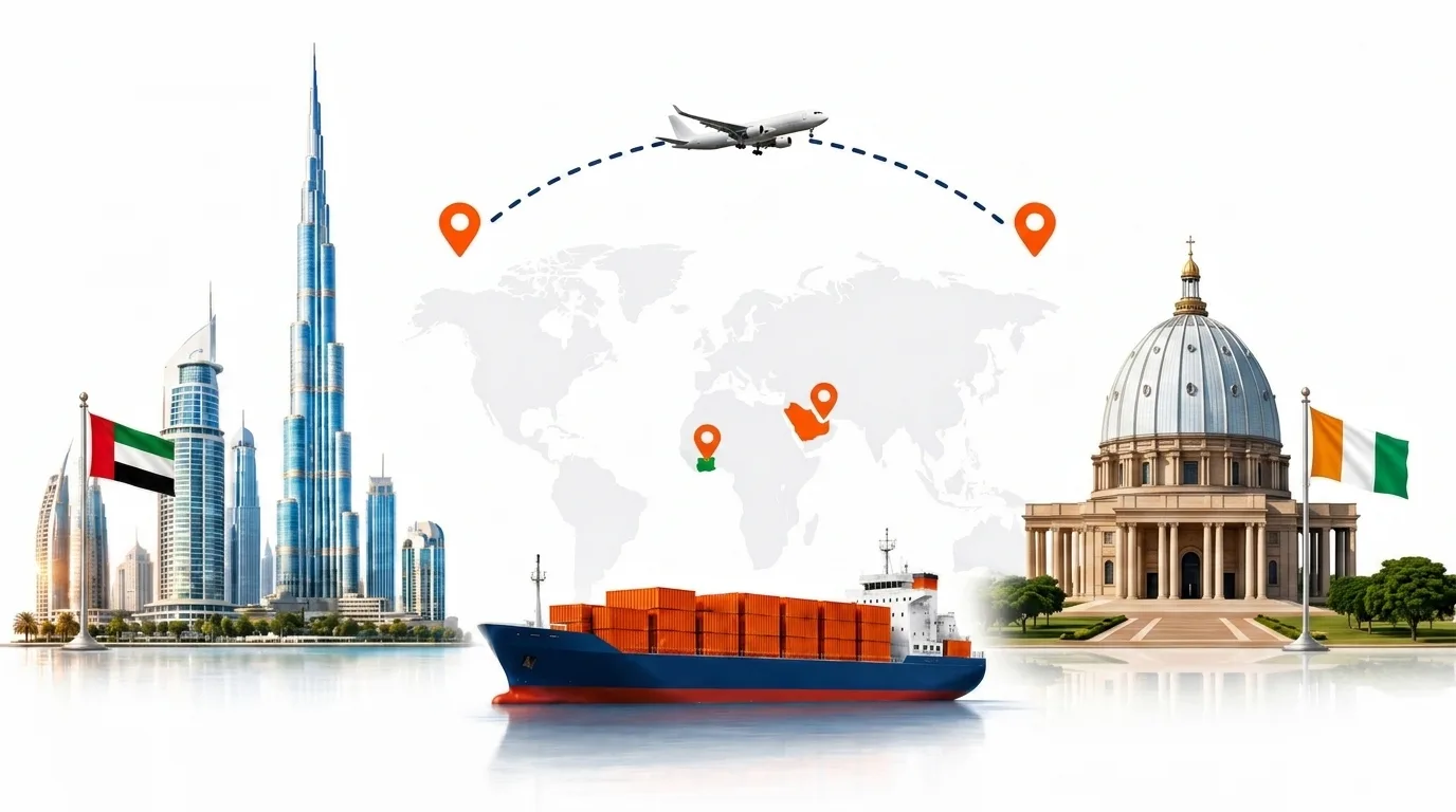 A wide pencil-style drawing of the Dubai to Côte d’Ivoire shipping lane: on the left the Dubai skyline with the Burj Khalifa and the UAE flag, on the right a Côte d’Ivoire landmark and the national flag, joined by a dotted route across a pale world map with a container ship below and an aircraft above