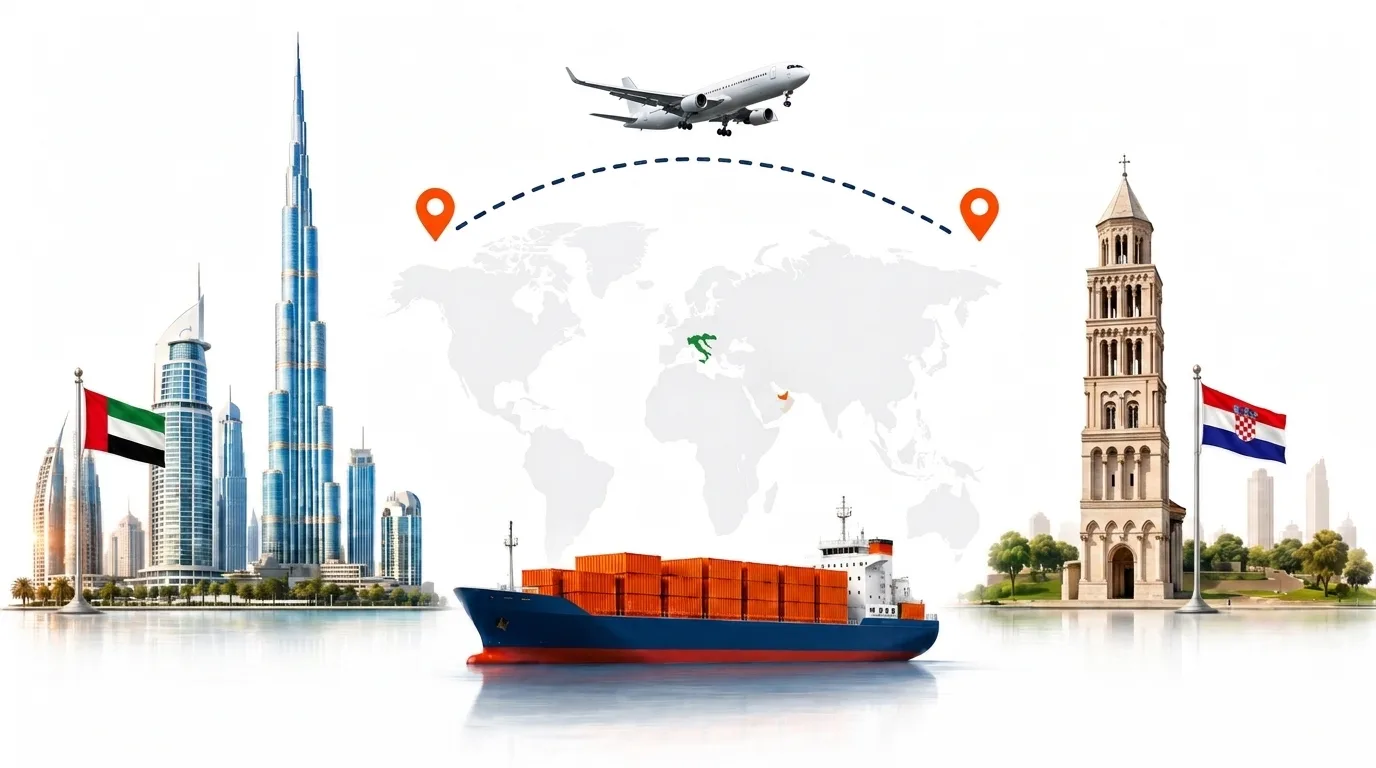 A wide pencil-style drawing of the Dubai to Croatia shipping lane: on the left the Dubai skyline with the Burj Khalifa and the UAE flag, on the right the walled old town of Dubrovnik and the Croatian flag, joined by a dotted route across a pale world map with a container ship below and an aircraft above