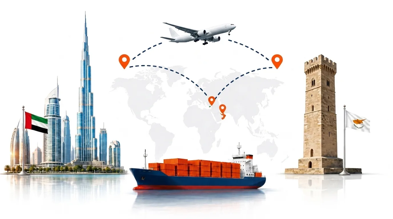 A wide pencil-style drawing of the Dubai to Cyprus shipping lane: on the left the Dubai skyline with the Burj Khalifa and the UAE flag, on the right the Limassol waterfront and the Cypriot flag, joined by a dotted route across a pale world map with a container ship below and an aircraft above