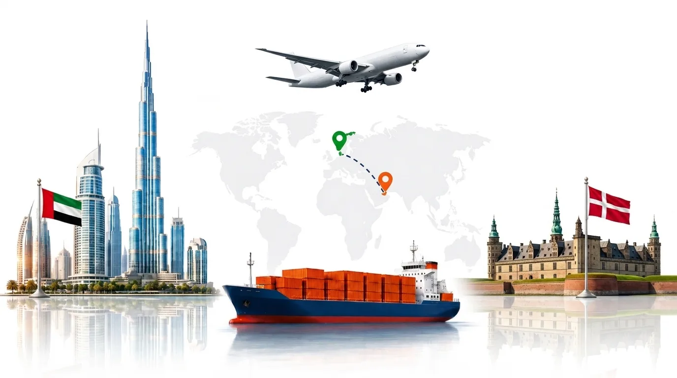 A wide pencil-style drawing of the Dubai to Denmark shipping lane: on the left the Dubai skyline with the Burj Khalifa and the UAE flag, on the right the Nyhavn waterfront in Copenhagen and the Danish flag, joined by a dotted route across a pale world map with a container ship below and an aircraft above