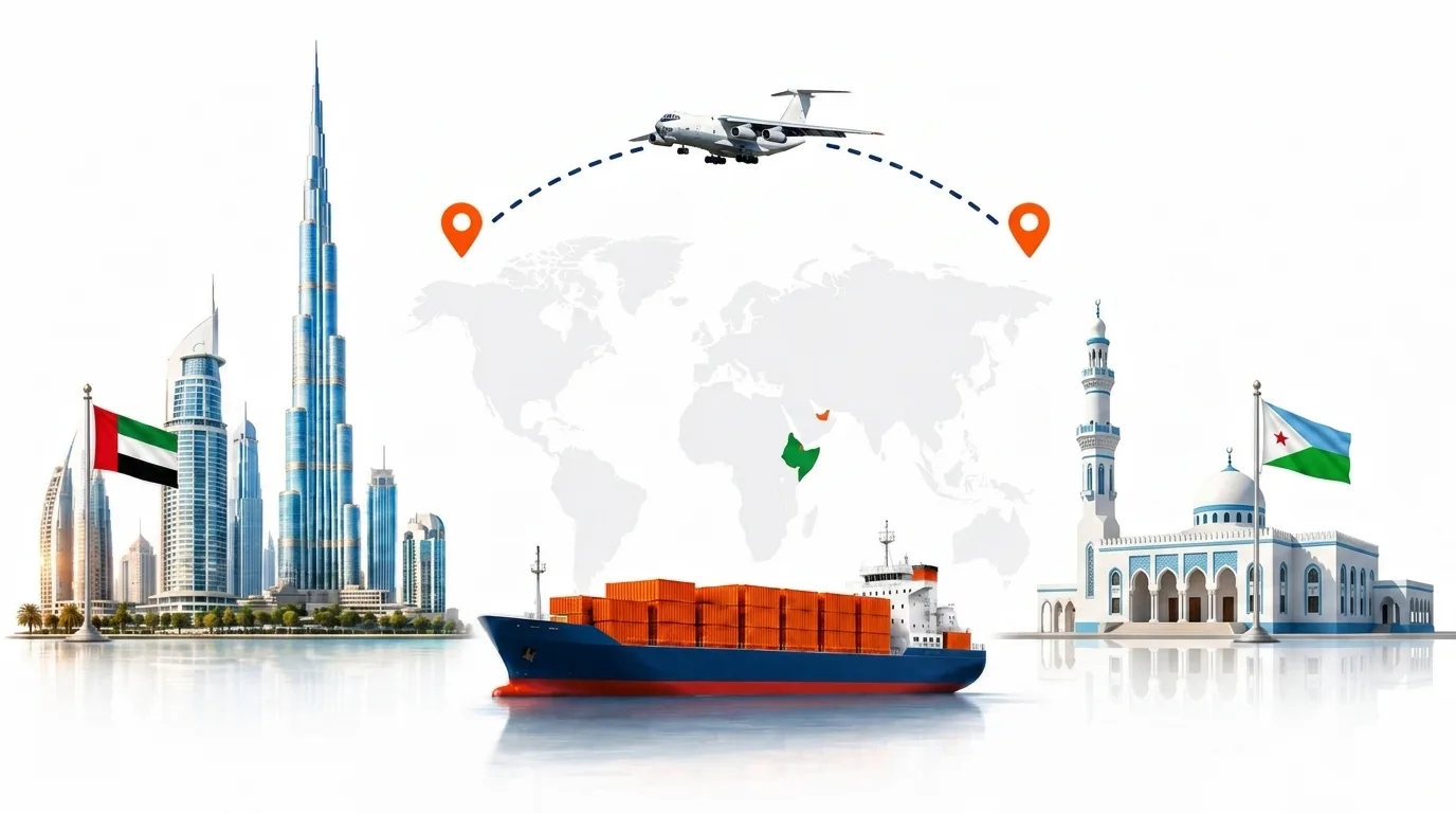 A wide pencil-style drawing of the Dubai to Djibouti shipping lane: on the left the Dubai skyline with the Burj Khalifa and the UAE flag, on the right a Djibouti landmark and the national flag, joined by a dotted route across a pale world map with a container ship below and an aircraft above