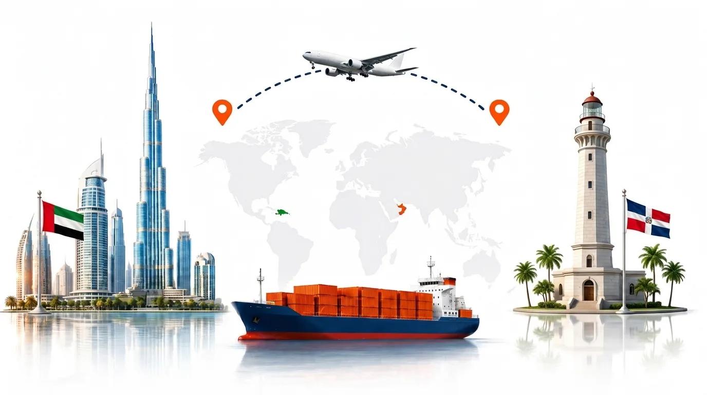 A wide pencil-style drawing of the Dubai to Dominican Republic shipping lane: on the left the Dubai skyline with the Burj Khalifa and the UAE flag, on the right the colonial zone of Santo Domingo with palm trees and the Dominican flag, joined by a dotted route across a pale world map with a container ship below and an aircraft above