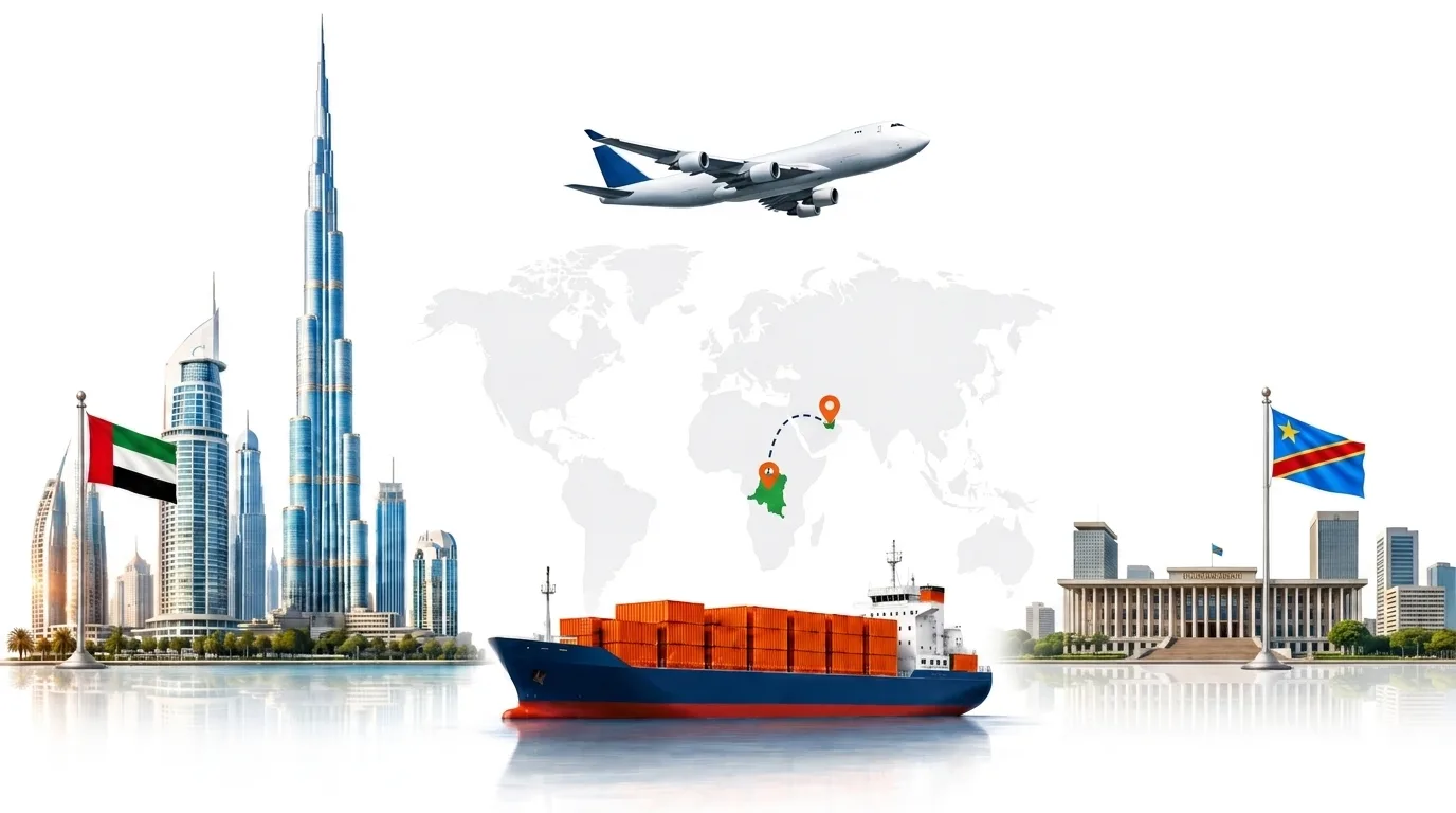 A wide pencil-style drawing of the Dubai to DR Congo shipping lane: on the left the Dubai skyline with the Burj Khalifa and the UAE flag, on the right a DR Congo landmark and the national flag, joined by a dotted route across a pale world map with a container ship below and an aircraft above
